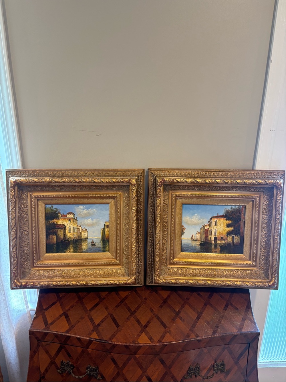 Set of 2 Vintage Framed Oil Paintings of Venetian Canal Scenes